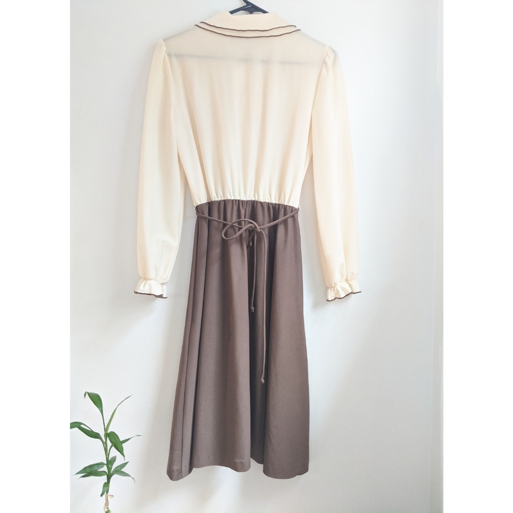 Vtg 70s/80s Brown/Cream Frilled Ruffled Boho Dress - Picture 2 of 12